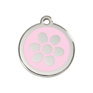 Placa para perro mediana con flor en esmalte rosa y acero inoxidable