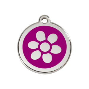 Placa para perro mediana con flor en esmalte violeta y acero inoxidable