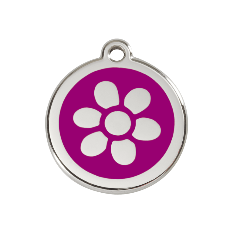 Vue avant - Médaille personnalisée pour chien ou chat - Red Dingo Émail et acier inoxydable - Fleur Violet - Talla M
