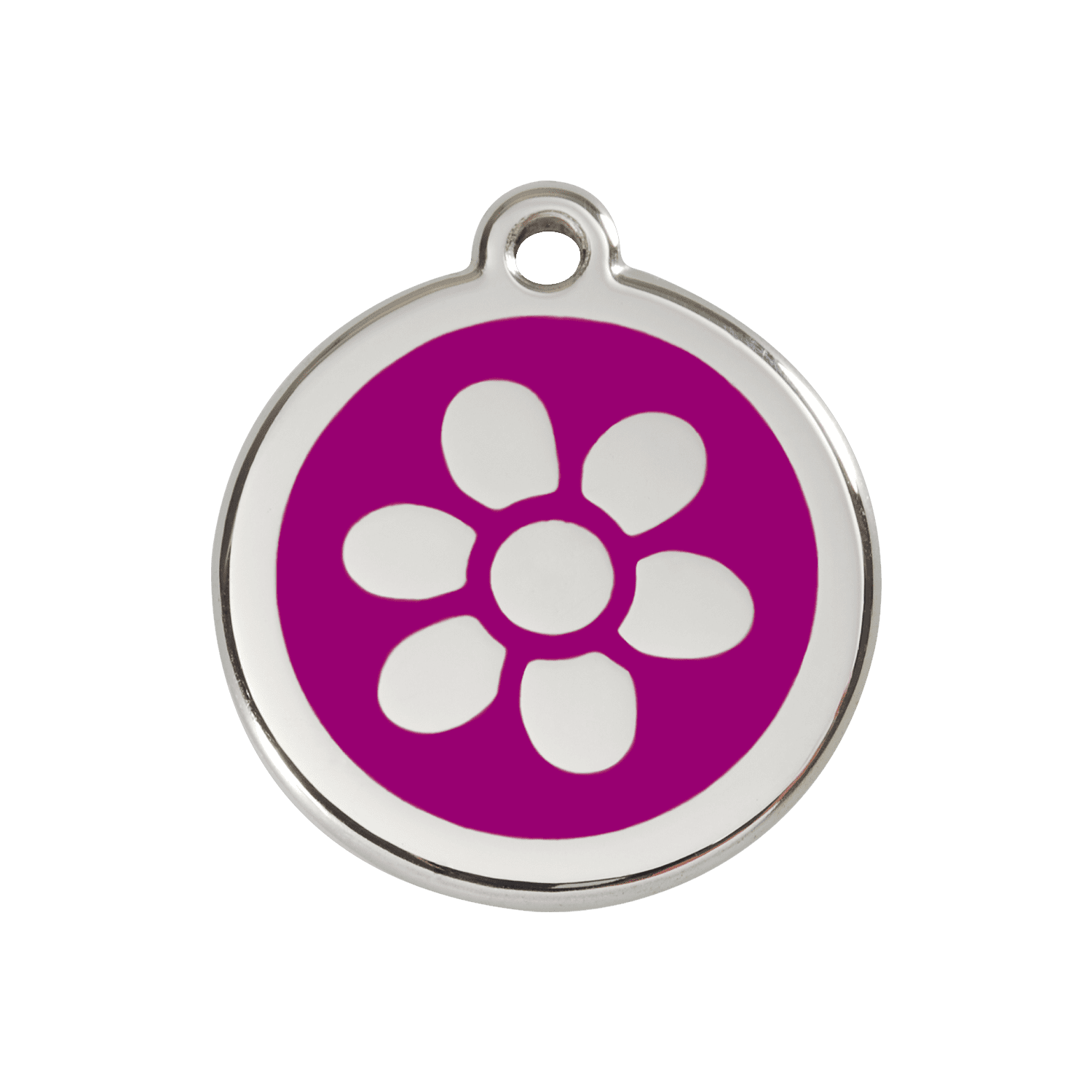 Vue avant - Médaille personnalisée pour chien ou chat - Red Dingo Émail et acier inoxydable - Fleur Violet - Talla M