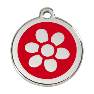 Placa para perro grande con flor roja en esmalte y acero inoxidable