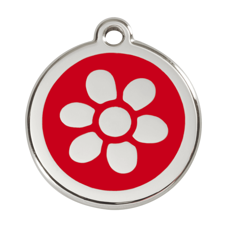 Vue avant - Médaille personnalisée pour chien Red Dingo Émail et acier inoxydable - Fleur Rouge - Talla L
