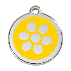 Placa para perro grande con flor en esmalte amarillo y acero inoxidable