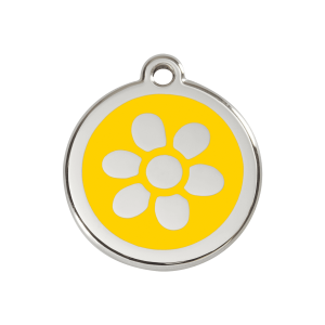 Placa para perro mediana con flor amarilla en esmalte y acero inoxidable