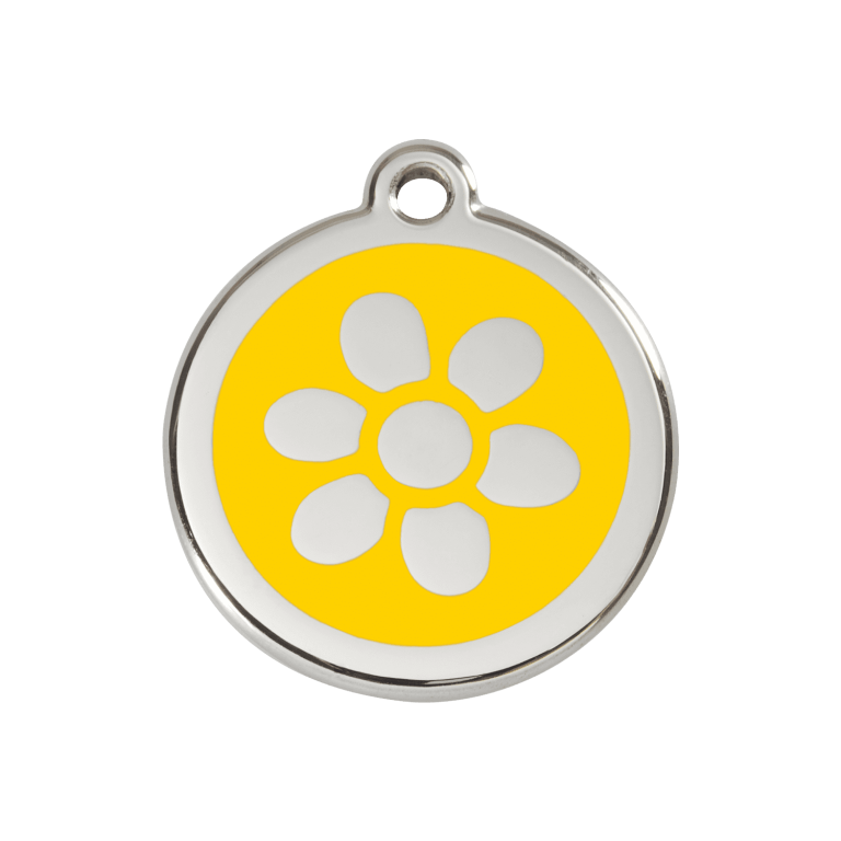Vue avant - Médaille personnalisée pour chien ou chat - Red Dingo Émail et acier inoxydable - Fleur Jaune - Talla M