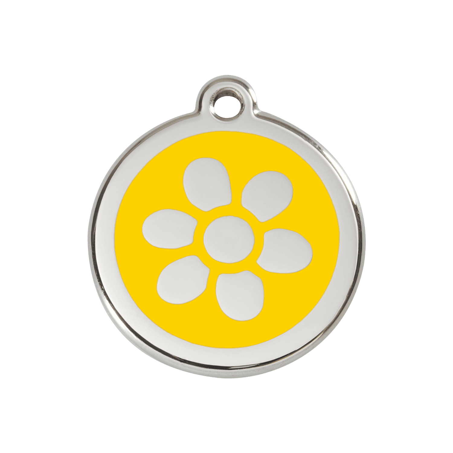 Vue avant - Médaille personnalisée pour chien ou chat - Red Dingo Émail et acier inoxydable - Fleur Jaune - Talla M
