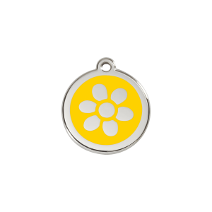 Placa para gato pequeña Flor en esmalte amarillo y acero inoxidable