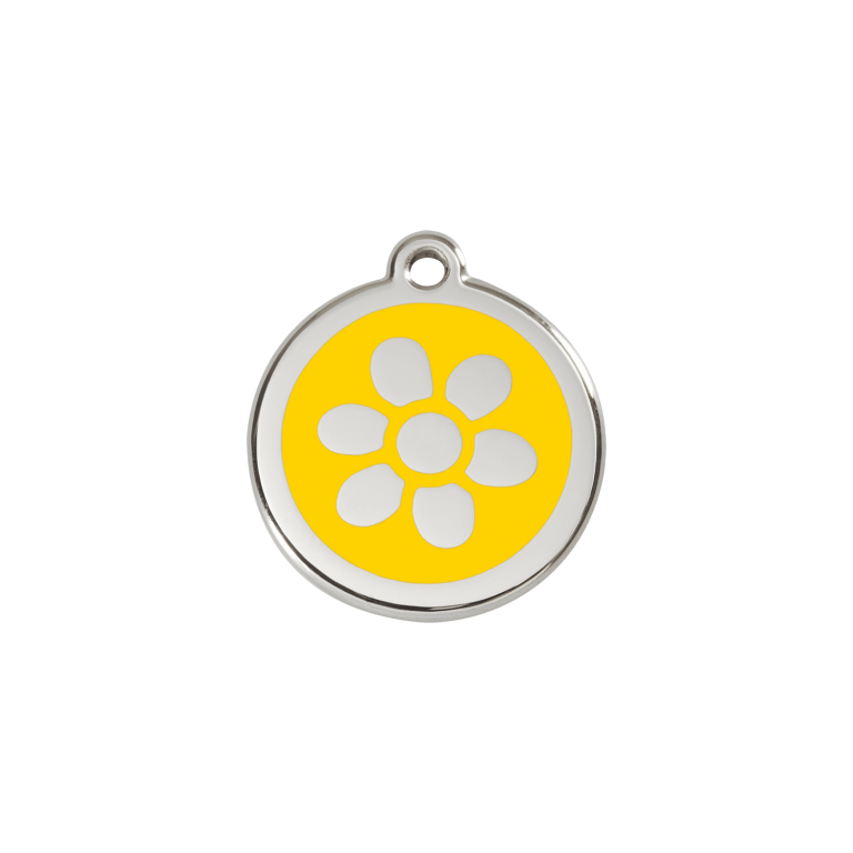 Vue avant - Médaille personnalisée pour chien/chat Red Dingo Émail/Acier Jaune 20mm - Fleur - Talla S