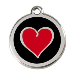 Placa para perro grande en esmalte negro y acero inoxidable con diseño corazón