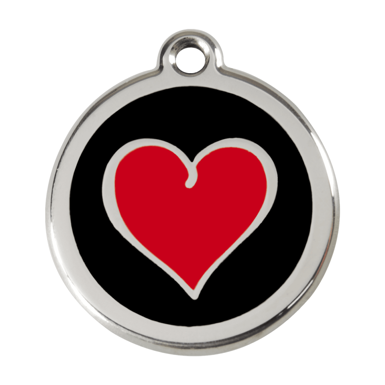 Vue avant - Médaille personnalisée pour chien Red Dingo Émail et acier inoxydable - Coeur noir - Talla L