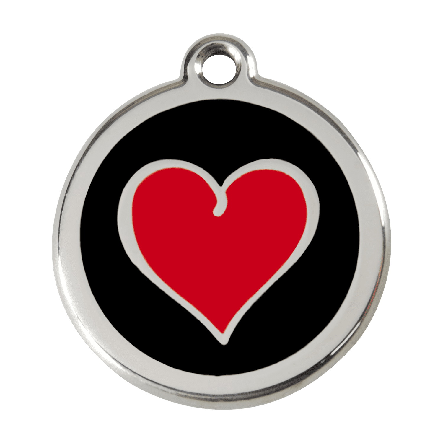 Vue avant - Médaille personnalisée pour chien Red Dingo Émail et acier inoxydable - Coeur noir - Talla L