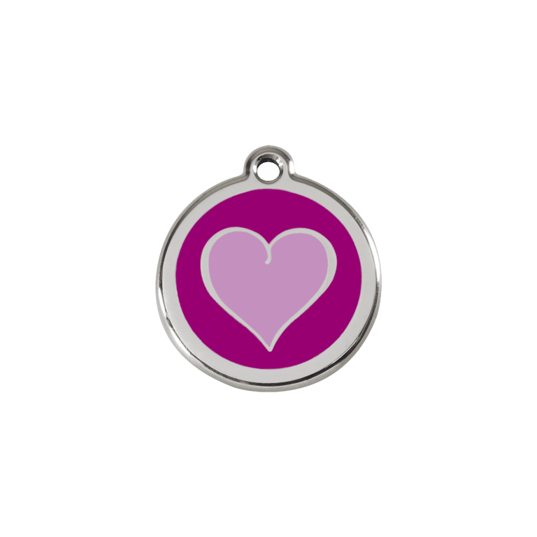 Vue avant - Médaille personnalisée pour chien/chat Red Dingo Émail et acier inoxydable - Coeur violet - Talla S