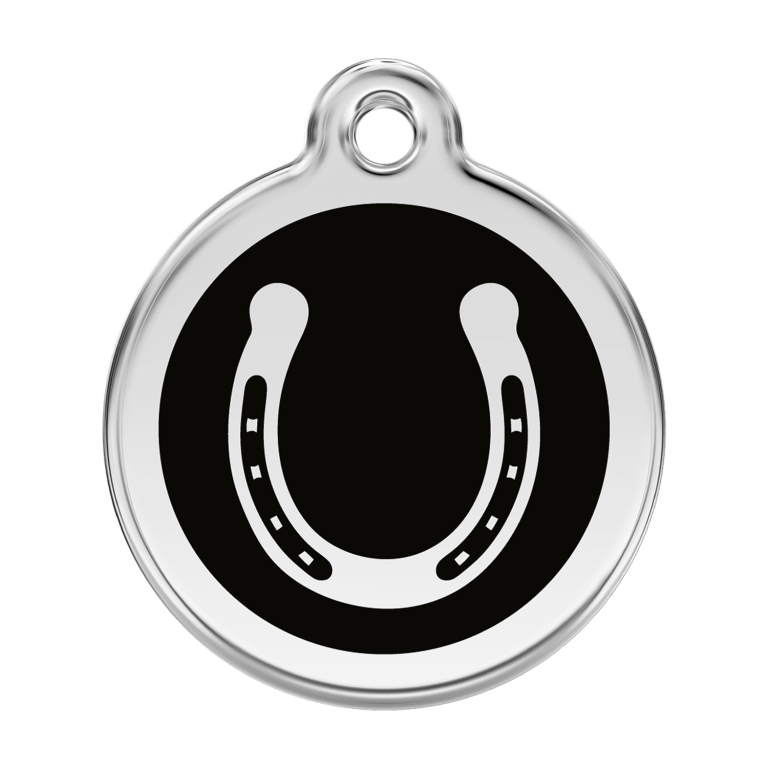 Vue avant - Médaille personnalisable pour chien ou chat Red Dingo Émail et acier inoxydable Fer à cheval Noir 38.00mm