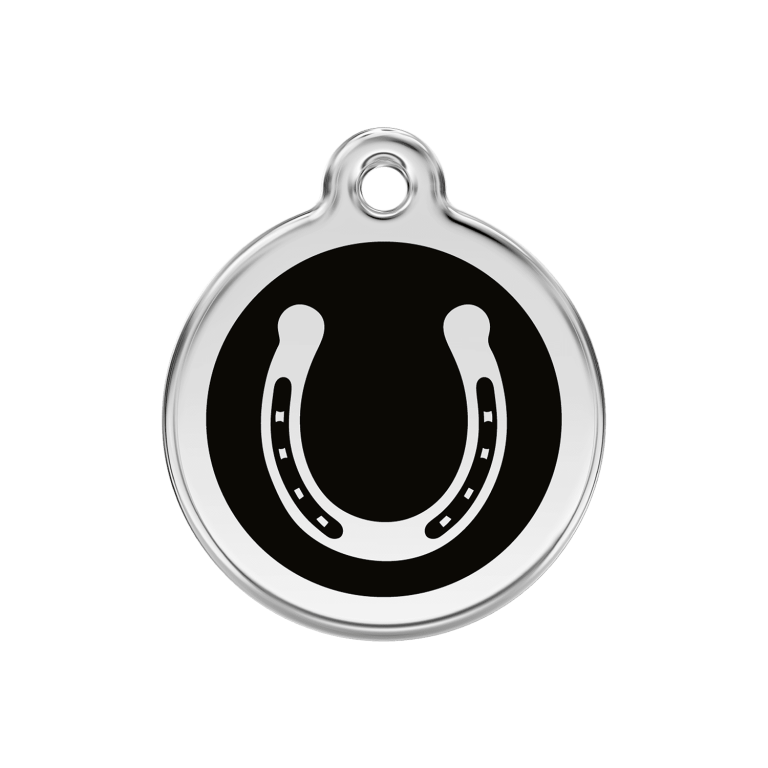Vue avant - Médaille personnalisable pour chien en émail et acier inoxydable Red Dingo - Motif fer à cheval noir - Talla M