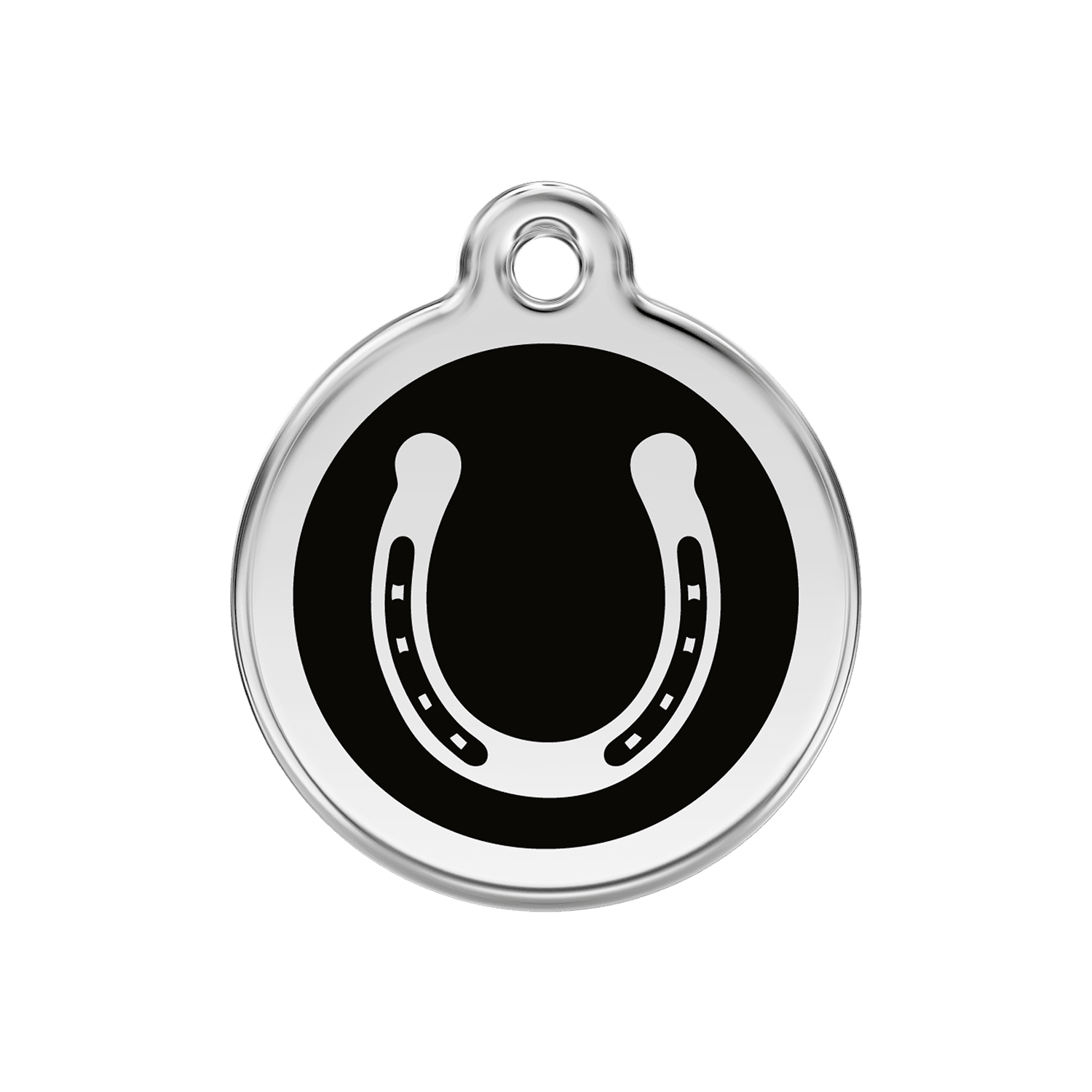 Vue avant - Médaille personnalisable pour chien en émail et acier inoxydable Red Dingo - Motif fer à cheval noir - Talla M