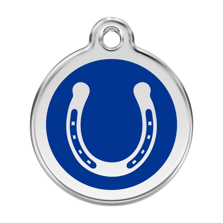 Vue avant - Médaille personnalisée pour chien en émail et acier inoxydable - Red Dingo - Fer à cheval - Bleu foncé - Talla L