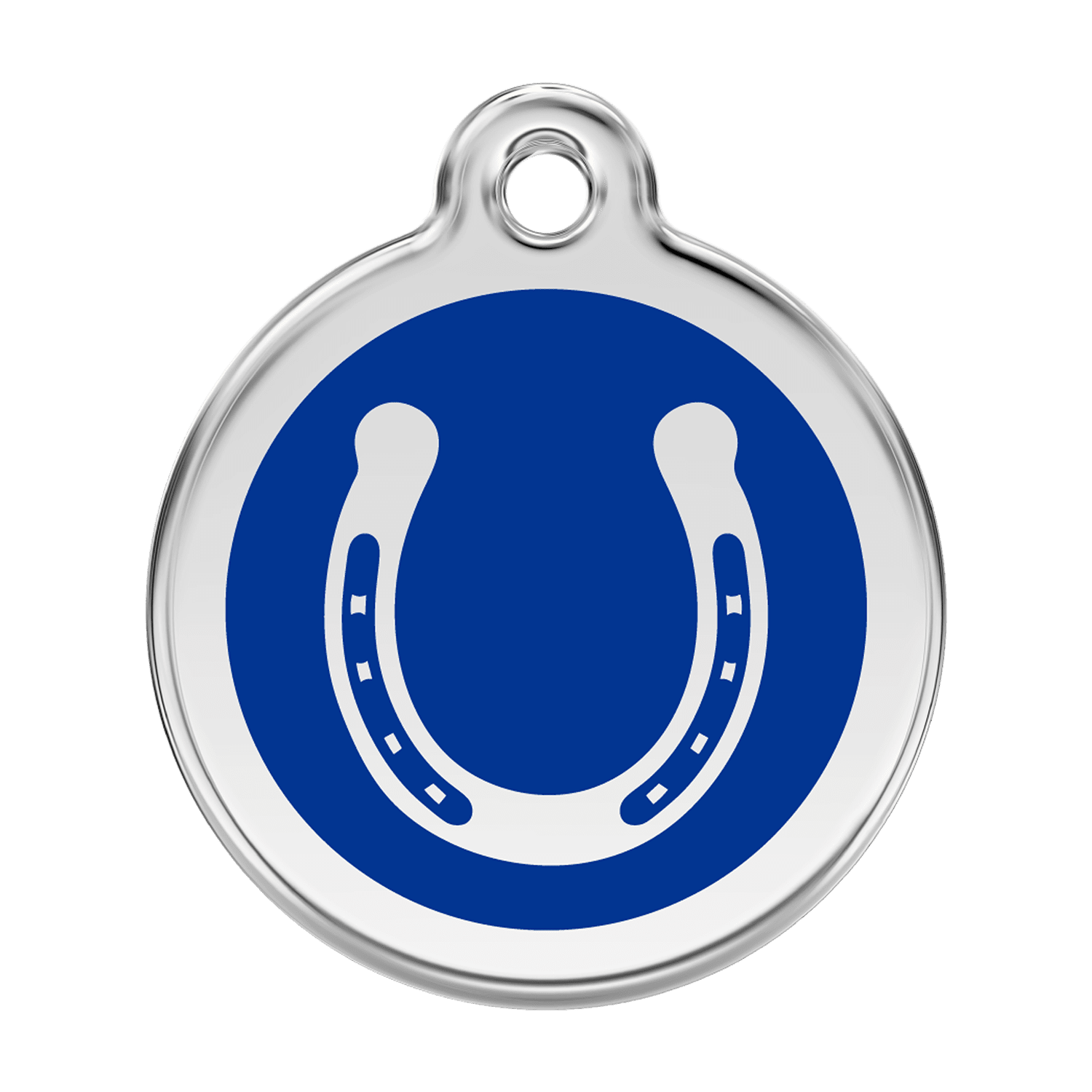 Vue avant - Médaille personnalisée pour chien en émail et acier inoxydable - Red Dingo - Fer à cheval - Bleu foncé - Talla L