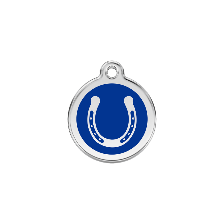 Vue avant - Médaille personnalisée pour chien/chat Red Dingo Émail/Acier inoxydable - Fer à cheval - Bleu foncé - Talla S - 01-HS-DB-SM