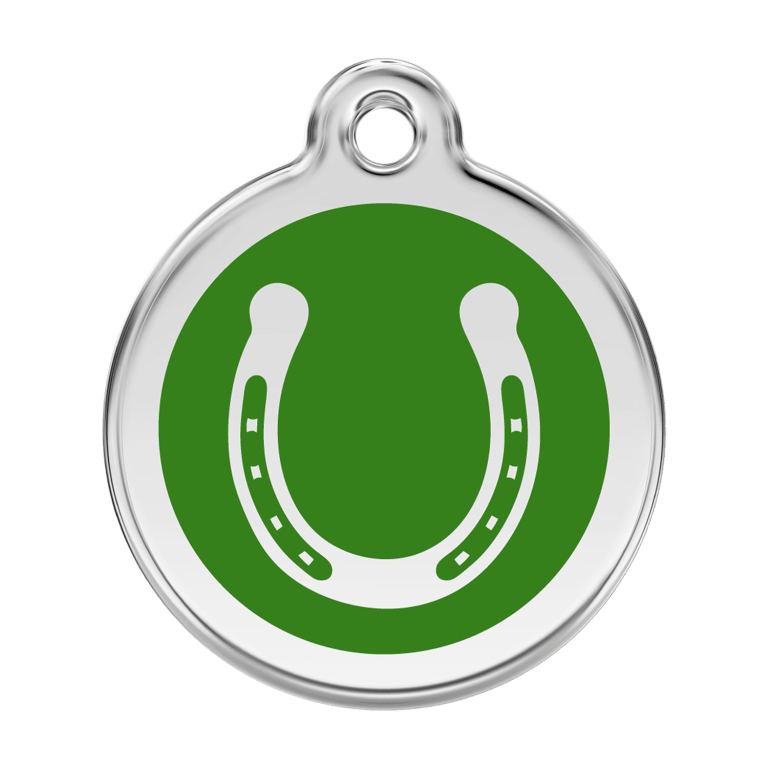 Vue avant - Médaille personnalisable pour chien Red Dingo Émail et acier inoxydable - Fer à cheval - Vert - Talla L