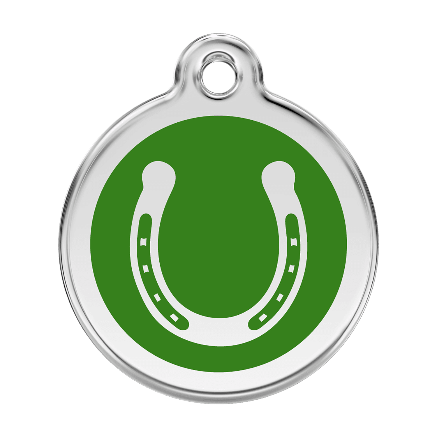 Vue avant - Médaille personnalisable pour chien Red Dingo Émail et acier inoxydable - Fer à cheval - Vert - Talla L