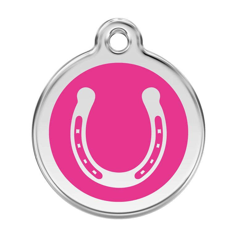 Vue avant - Médaille personnalisée pour chien Red Dingo Émail et acier inoxydable Fer à cheval Rose vif - Talla L