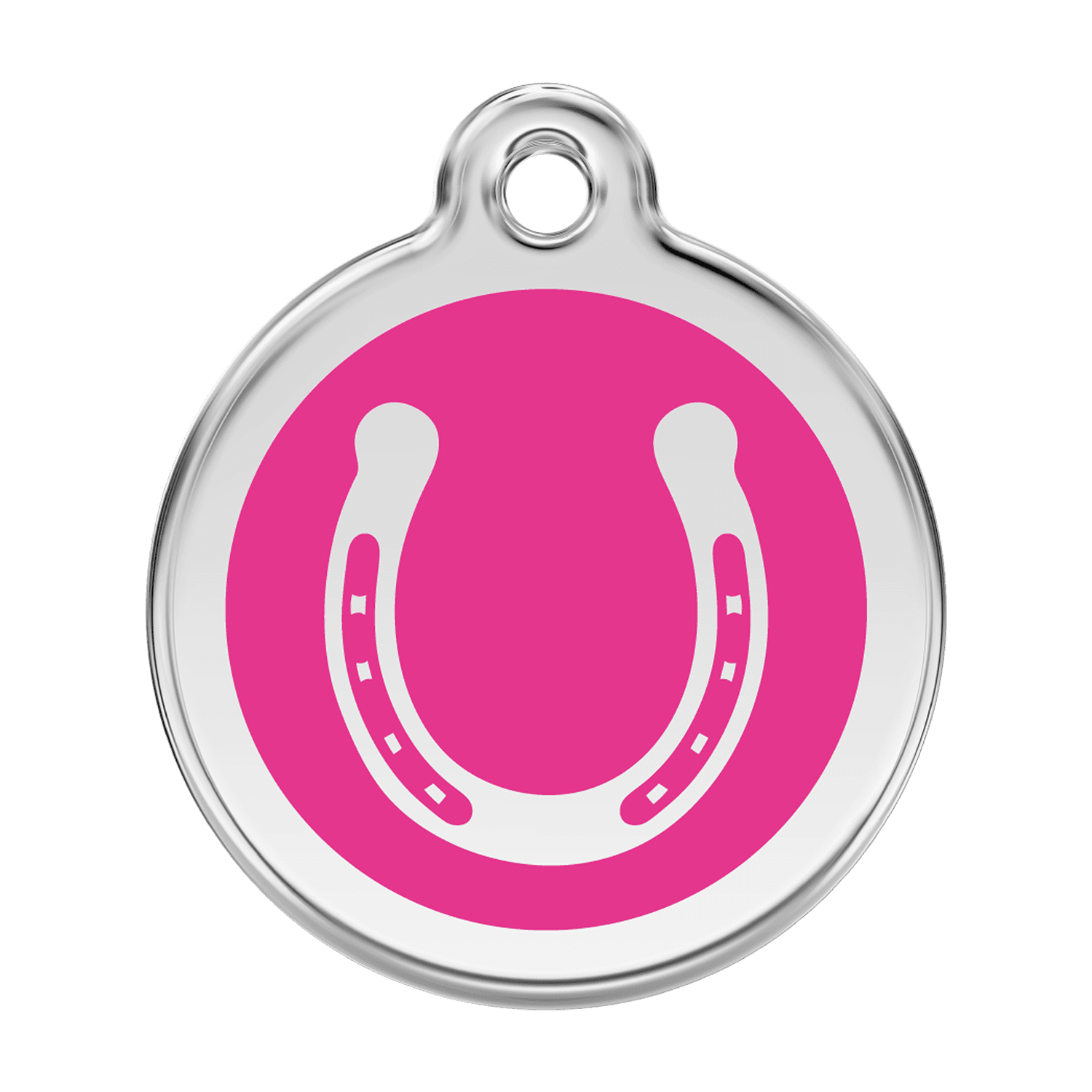 Vue avant - Médaille personnalisée pour chien Red Dingo Émail et acier inoxydable Fer à cheval Rose vif - Talla L
