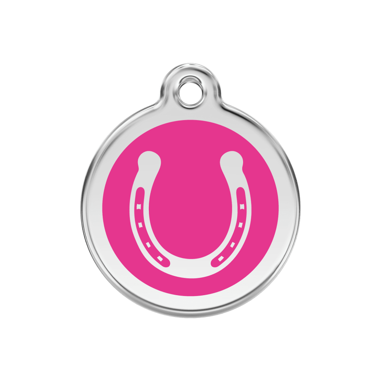 Vue avant - Médaille personnalisée pour chien Red Dingo Émail et acier inoxydable Fer à cheval Rose vif - Talla M