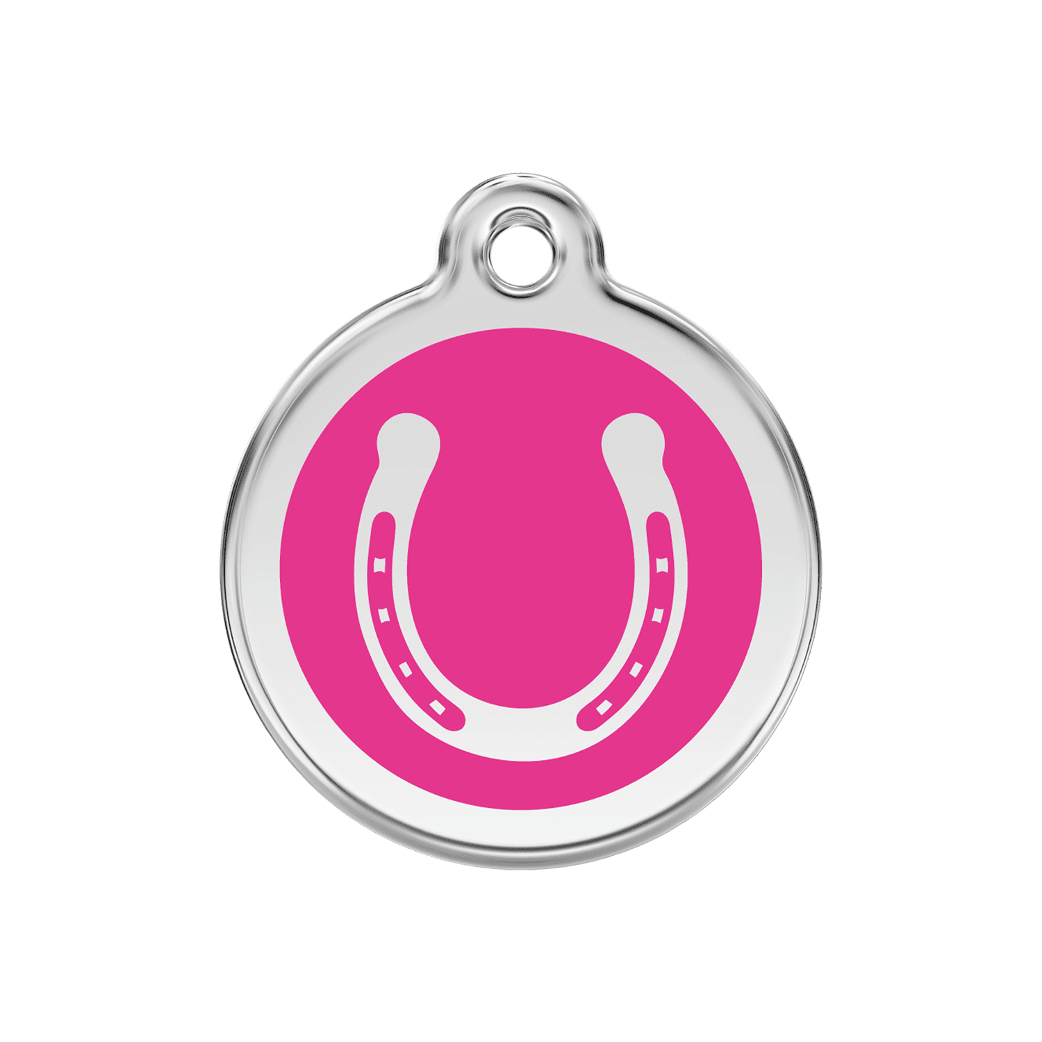 Vue avant - Médaille personnalisée pour chien Red Dingo Émail et acier inoxydable Fer à cheval Rose vif - Talla M