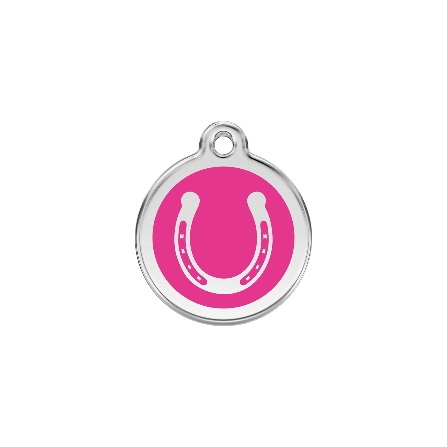 Vue avant - Médaille personnalisée pour chien/chat Red Dingo Émail et acier inoxydable - Fer à cheval - Rose vif - Talla S