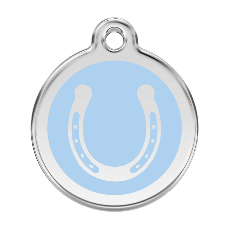 Vue avant - Médaille personnalisée pour chien Red Dingo Émail et acier inoxydable Fer à cheval Bleu clair - Talla L