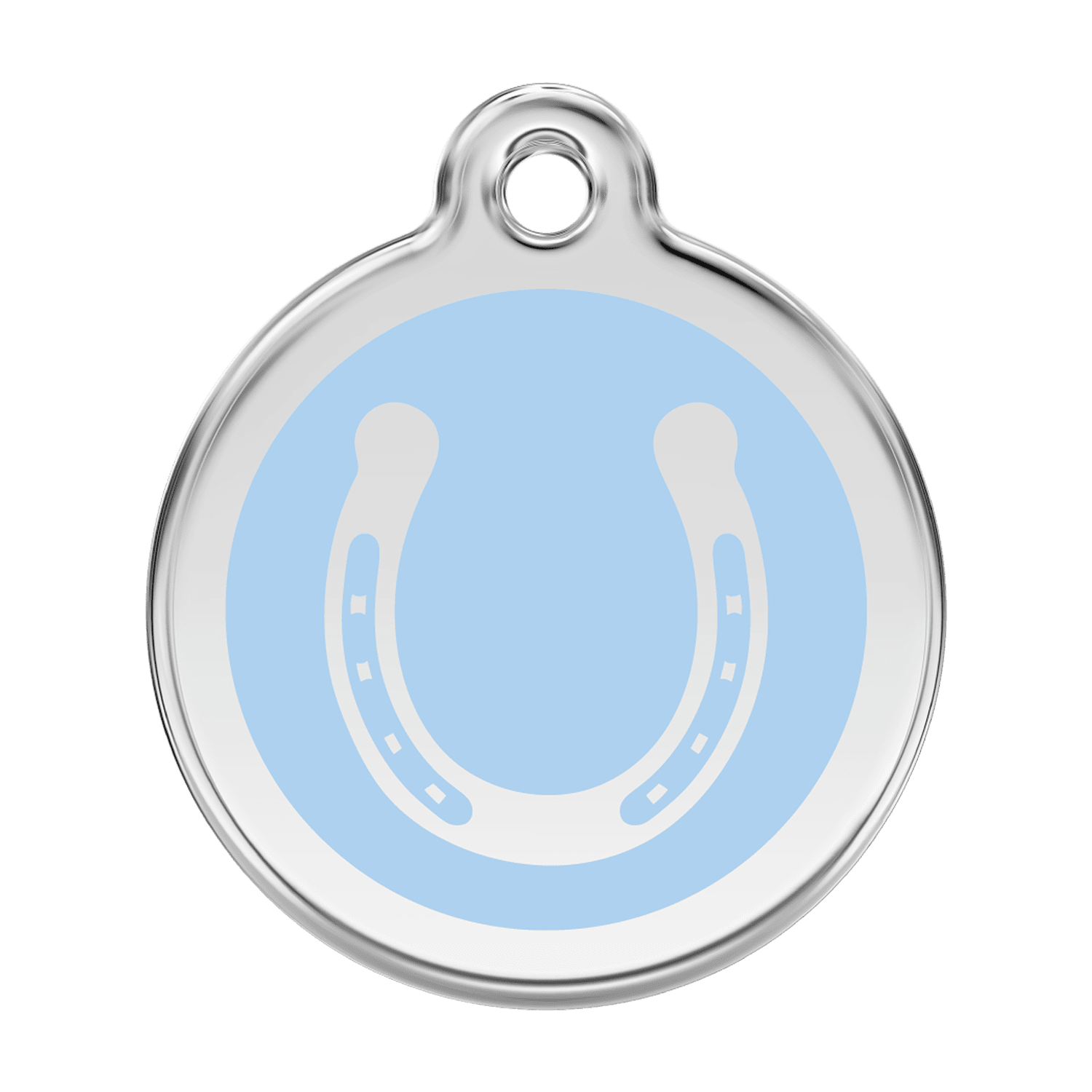 Vue avant - Médaille personnalisée pour chien Red Dingo Émail et acier inoxydable Fer à cheval Bleu clair - Talla L