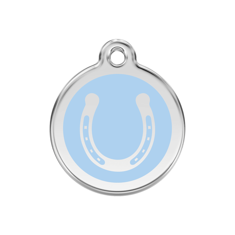 Vue avant - Médaille personnalisée pour chien Red Dingo Émail et acier inoxydable - Fer à cheval bleu clair - Talla M 30.00mm