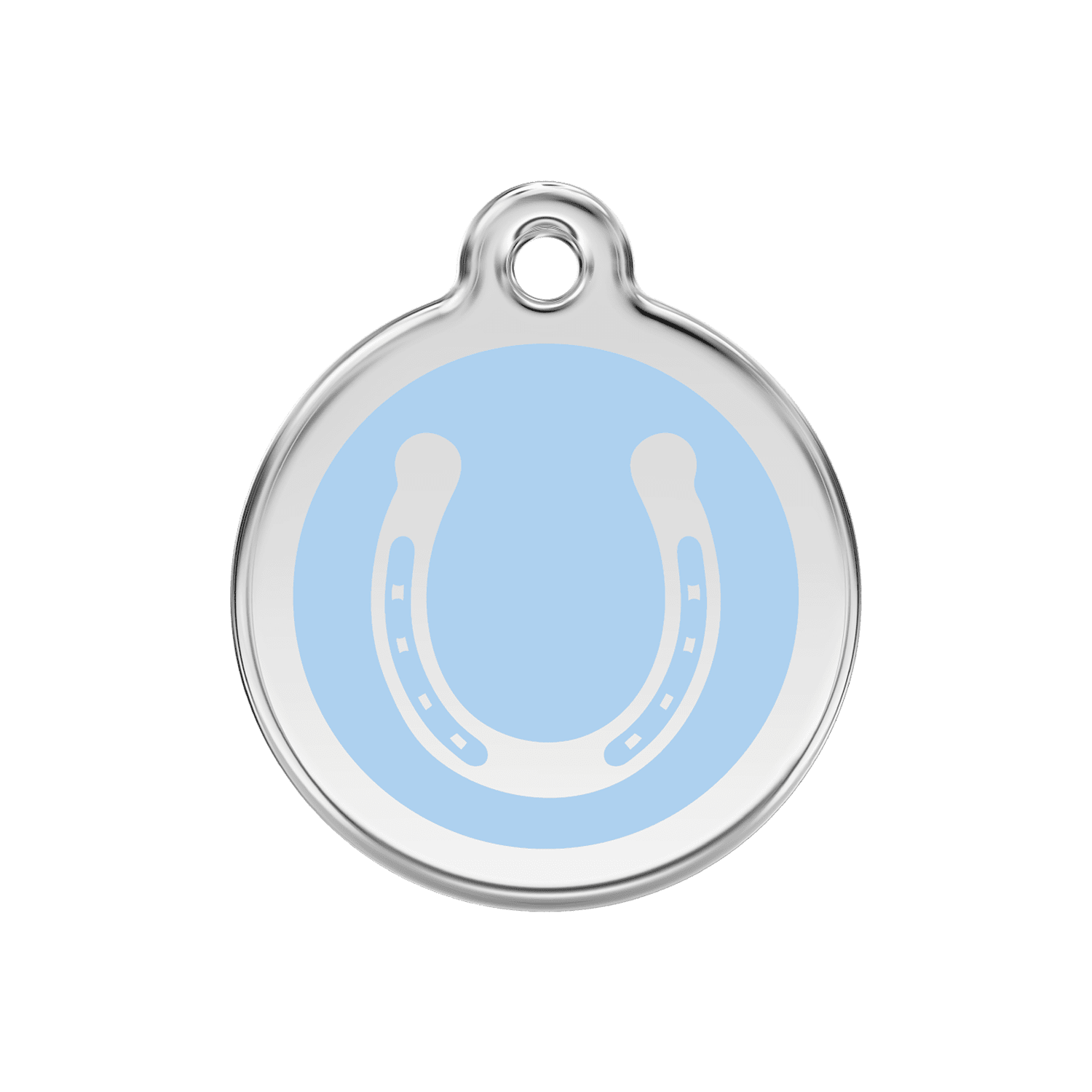 Vue avant - Médaille personnalisée pour chien Red Dingo Émail et acier inoxydable - Fer à cheval bleu clair - Talla M 30.00mm