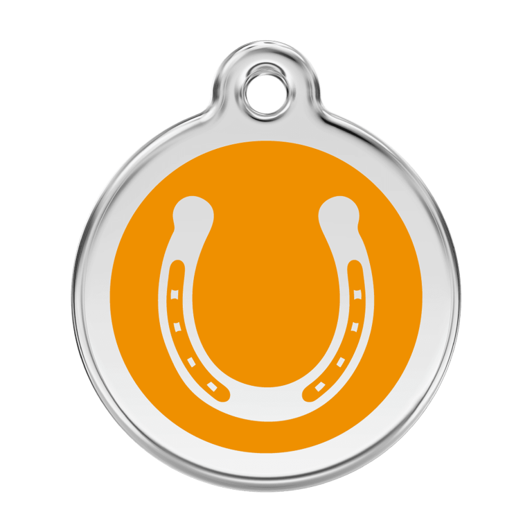 Vue avant - Médaille personnalisée pour chien Red Dingo Émail et acier inoxydable Orange Fer à cheval L 38.00 24.7 G