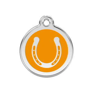 Placa para perro mediana herradura en esmalte naranja y acero inoxidable