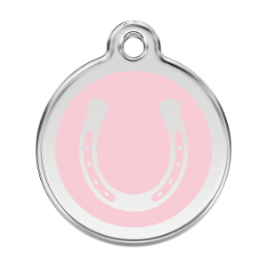 Placa para perro grande con herradura rosa en esmalte y acero inoxidable