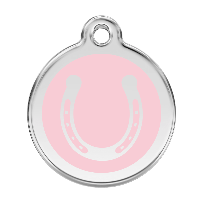 Vue avant - Médaille personnalisée pour chien en émail et acier inoxydable - Red Dingo - Motif fer à cheval - Rose - Talla L