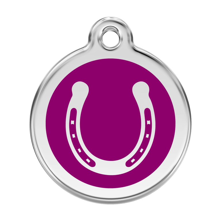 Vue avant - Médaille personnalisable pour chien Red Dingo émail et acier inoxydable violet - Fer à cheval - Talla L