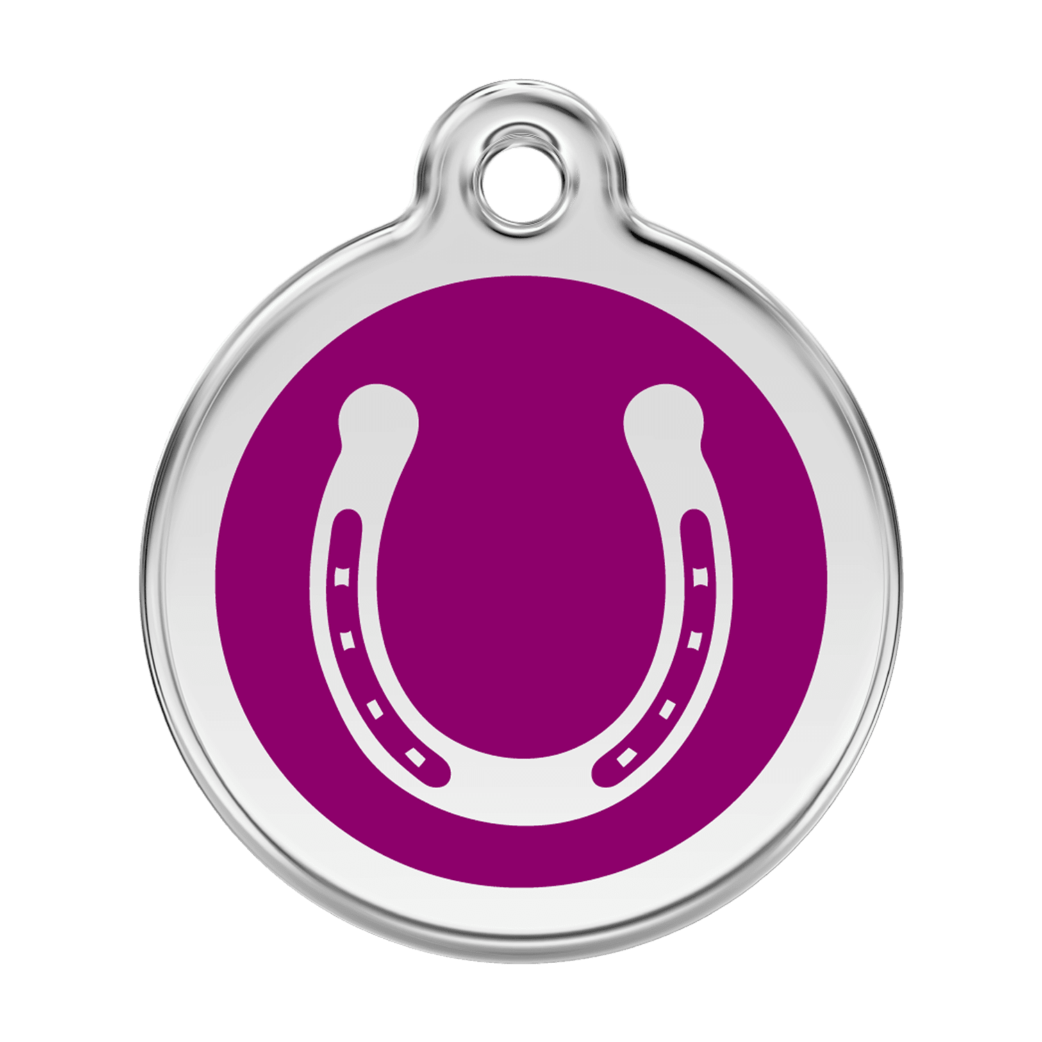 Vue avant - Médaille personnalisable pour chien Red Dingo émail et acier inoxydable violet - Fer à cheval - Talla L