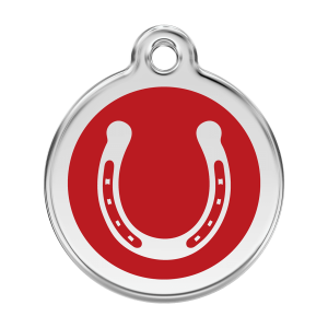 Placa para perro grande con herradura roja en esmalte y acero inoxidable