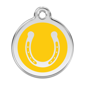 Placa para perro grande con herradura amarilla en esmalte y acero inoxidable