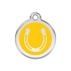 Placa para perro herradura amarilla en esmalte y acero inoxidable mediana