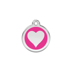 Placa para gato corazón pequeña en esmalte rosa vivo y acero inoxidable