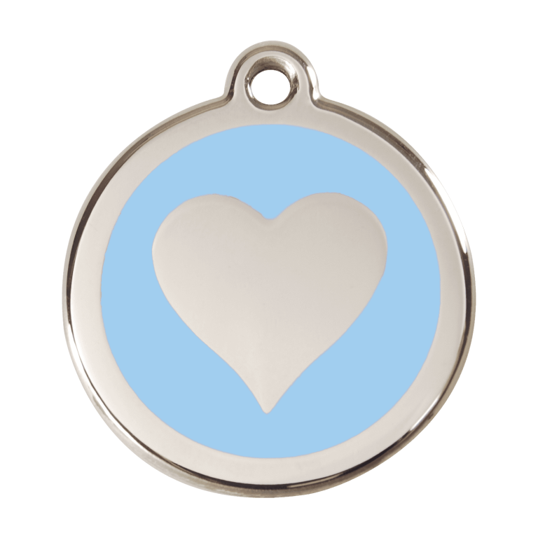 Vue avant - Médaille personnalisable pour chien ou chat - Red Dingo Émail et acier inoxydable - Motif cœur bleu clair - Talla L