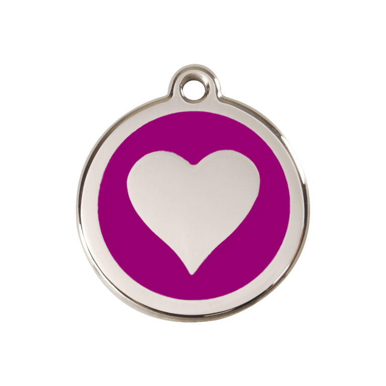 Vue avant - Médaille personnalisée pour chien Red Dingo cœur violet en émail et acier inoxydable - Talla M