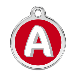 Placa para perro grande con letra A en esmalte rojo y acero inoxidable