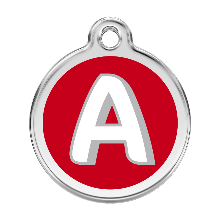 Vue avant - Médaille personnalisée pour chien ou chat - Red Dingo Émail et acier inoxydable - Lettre A rouge - Talla L 38.00mm