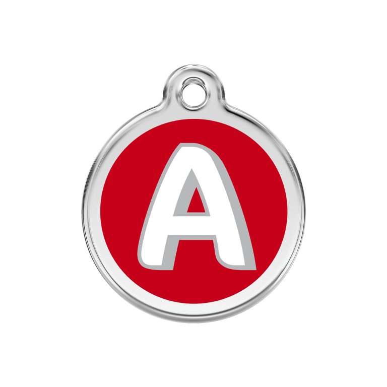 Vue avant - Médaille personnalisée pour chien Red Dingo Émail et acier inoxydable - Lettre A - Rouge - Talla M