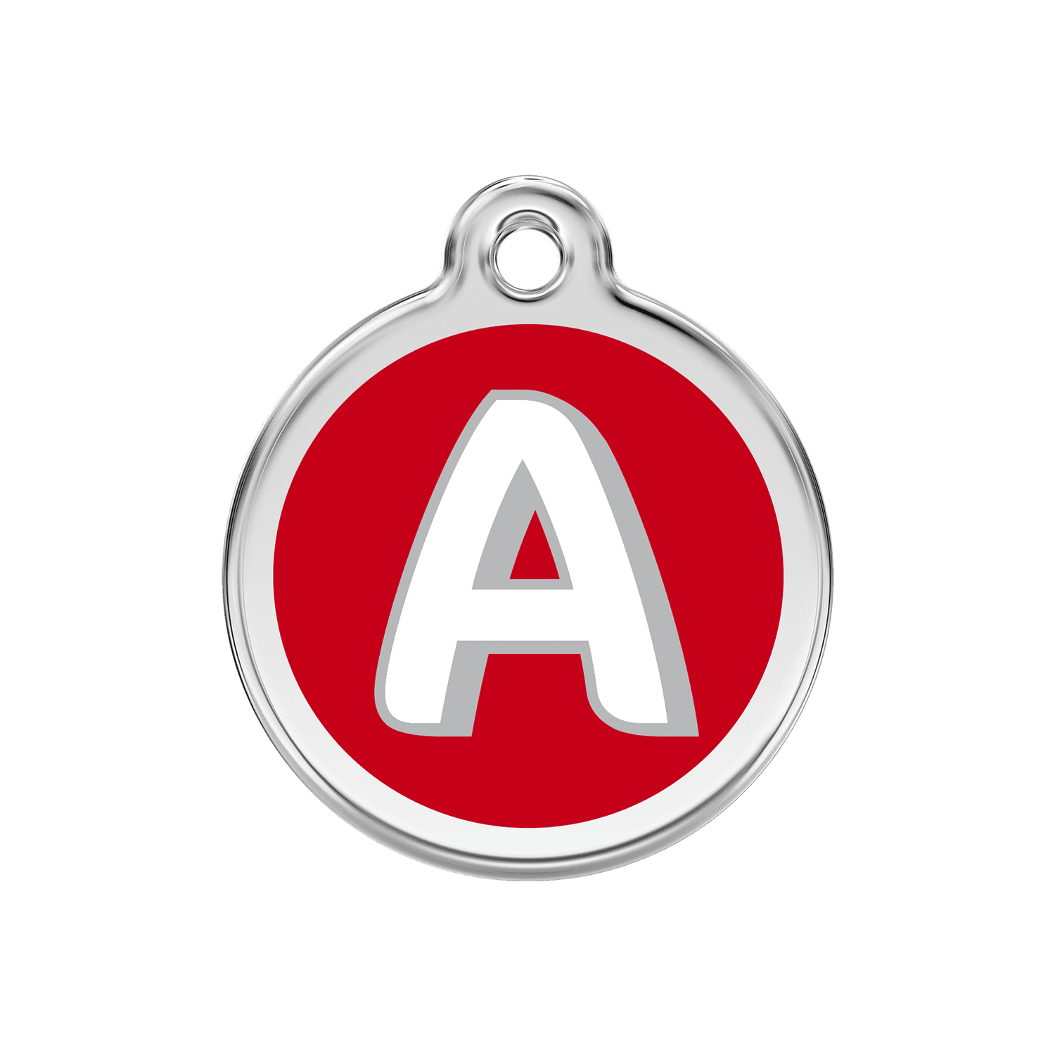 Vue avant - Médaille personnalisée pour chien Red Dingo Émail et acier inoxydable - Lettre A - Rouge - Talla M
