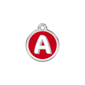 Placa para gato pequeña con letra A en esmalte rojo y acero inoxidable